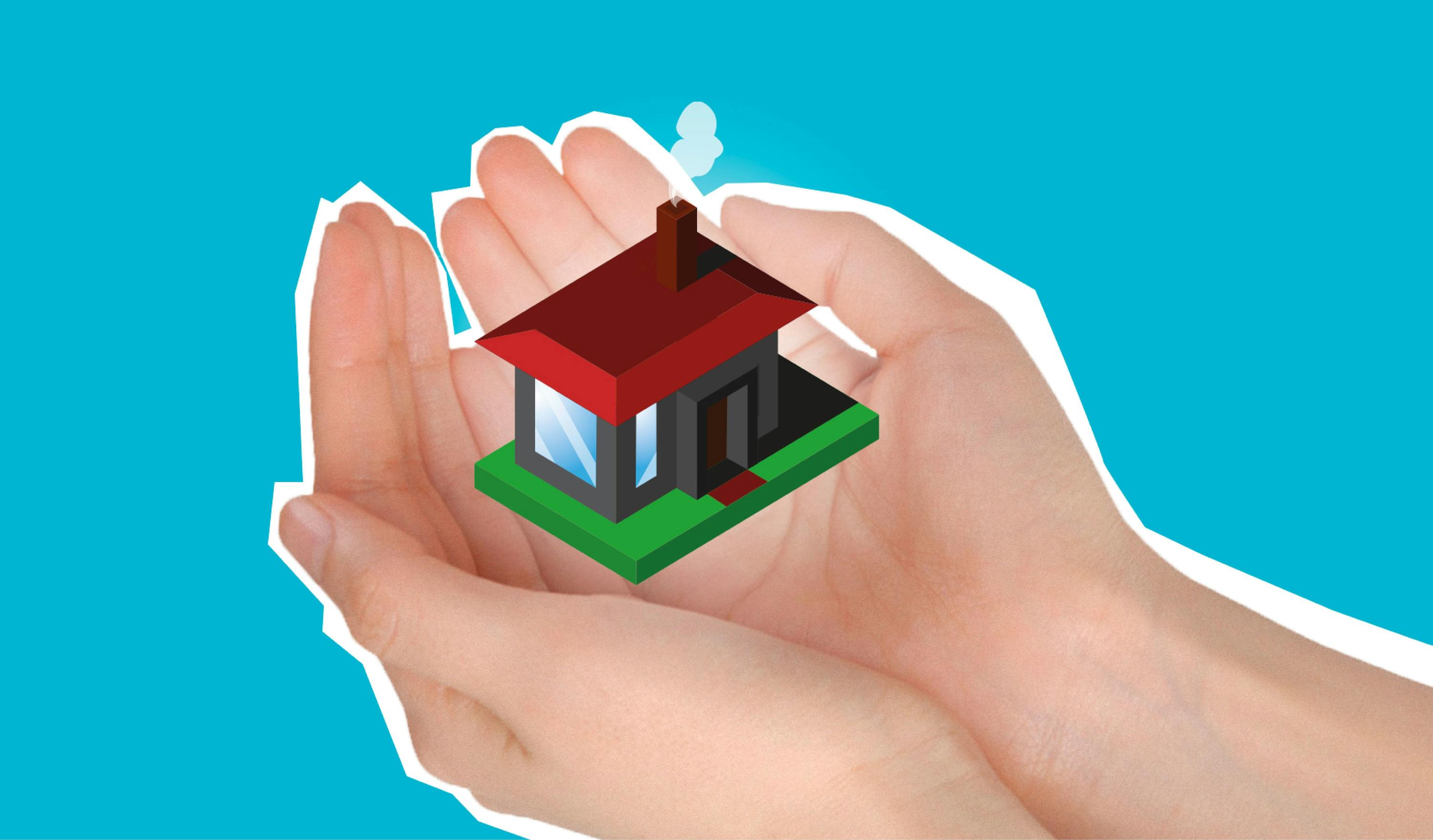 Zwei Hände halten ein rotes Miniatur Haus